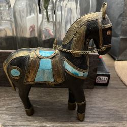 Antique Wooden Hand Carved Horses With Inlay Saddle 