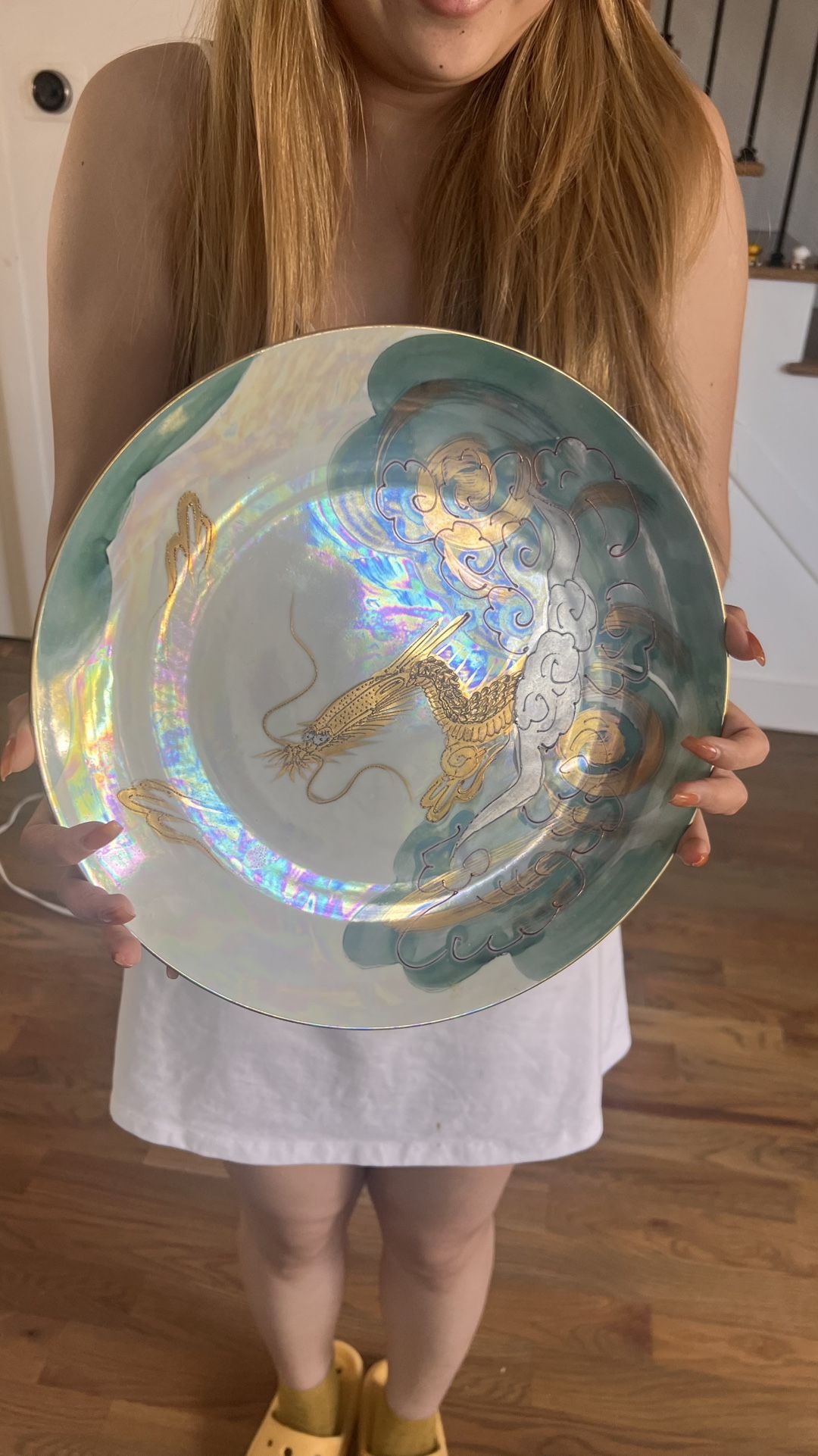 🏵️24K Gold & Platinum Trim ANTIQUE – AITO CHINA 摩薩Hand-Painted “GOLDEN DRAGON” LUSTERWARE PLATE