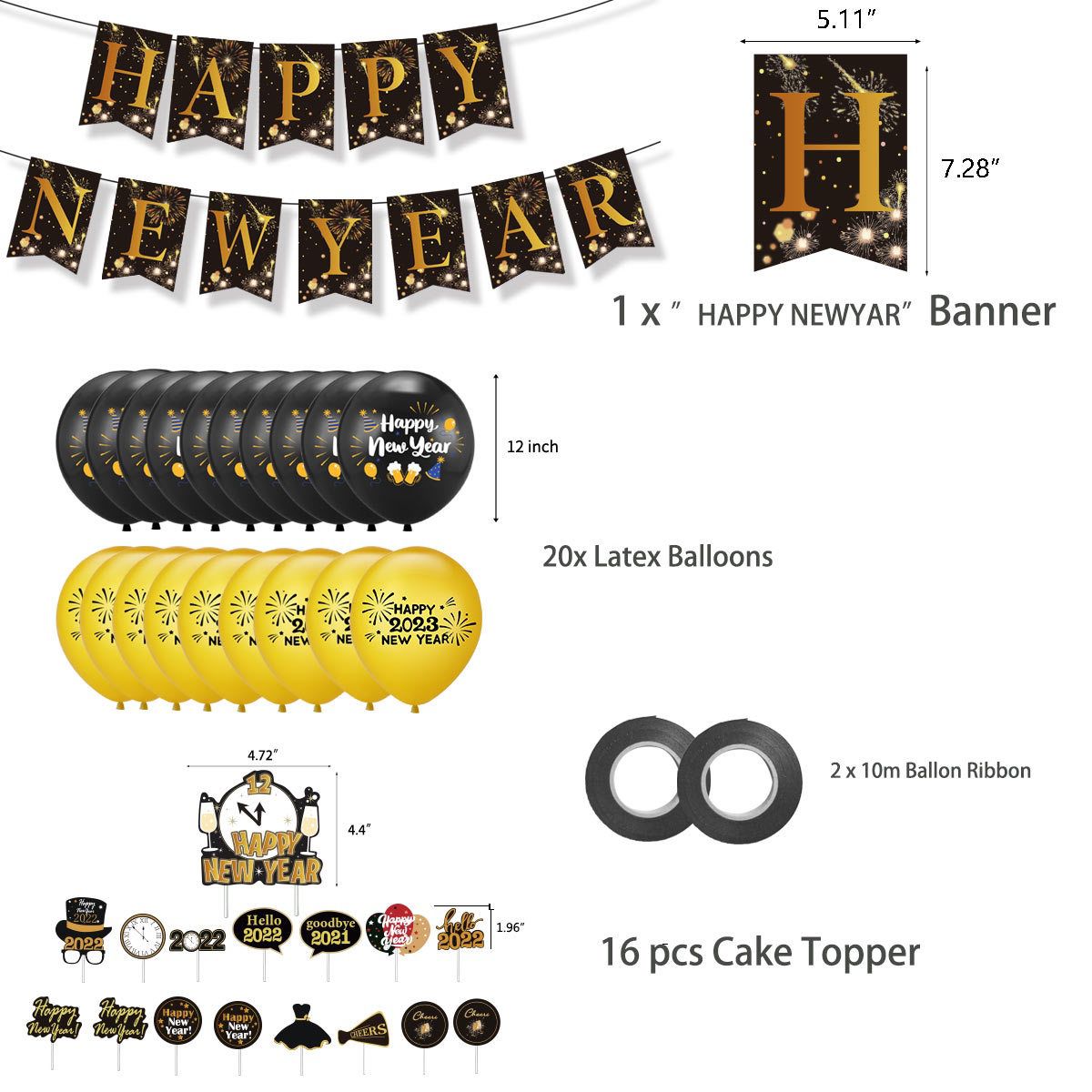 39 PC BLACK & GOLD 2023 Happy New Year Balloon SET