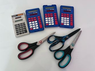 Kids School Supplies Bundle: 3 Scissors + 4 Calculators (TI-108, Sharp)