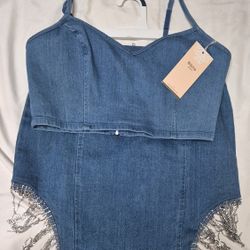 Large Denim Skirt With Rhinestone Fringe And Top $20