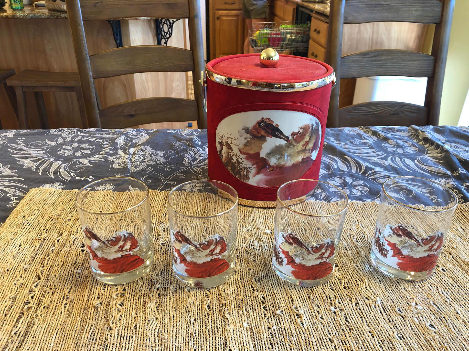 Coca Cola Ice Cooler and 4 Glass Santa Cups