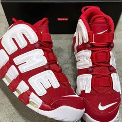 Supreme x Nike Air More Uptempo red Pippen Mid-top Retro Basketball Shoes Men's and Women's Red and White