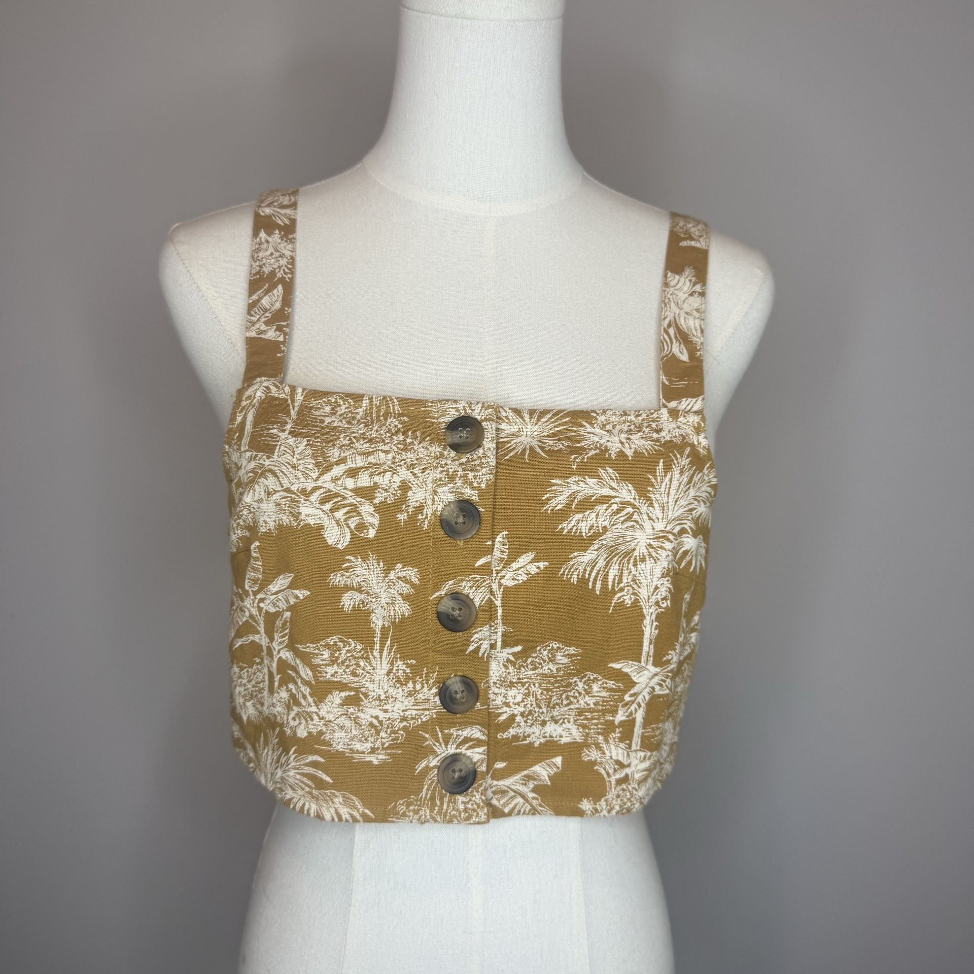 American Eagle Outfitters Mustard Floral Button-Front Crop Top