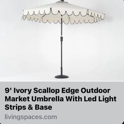 9' Ivory Scallop Edge Outdoor Market Umbrella With Led Light Strips & Base