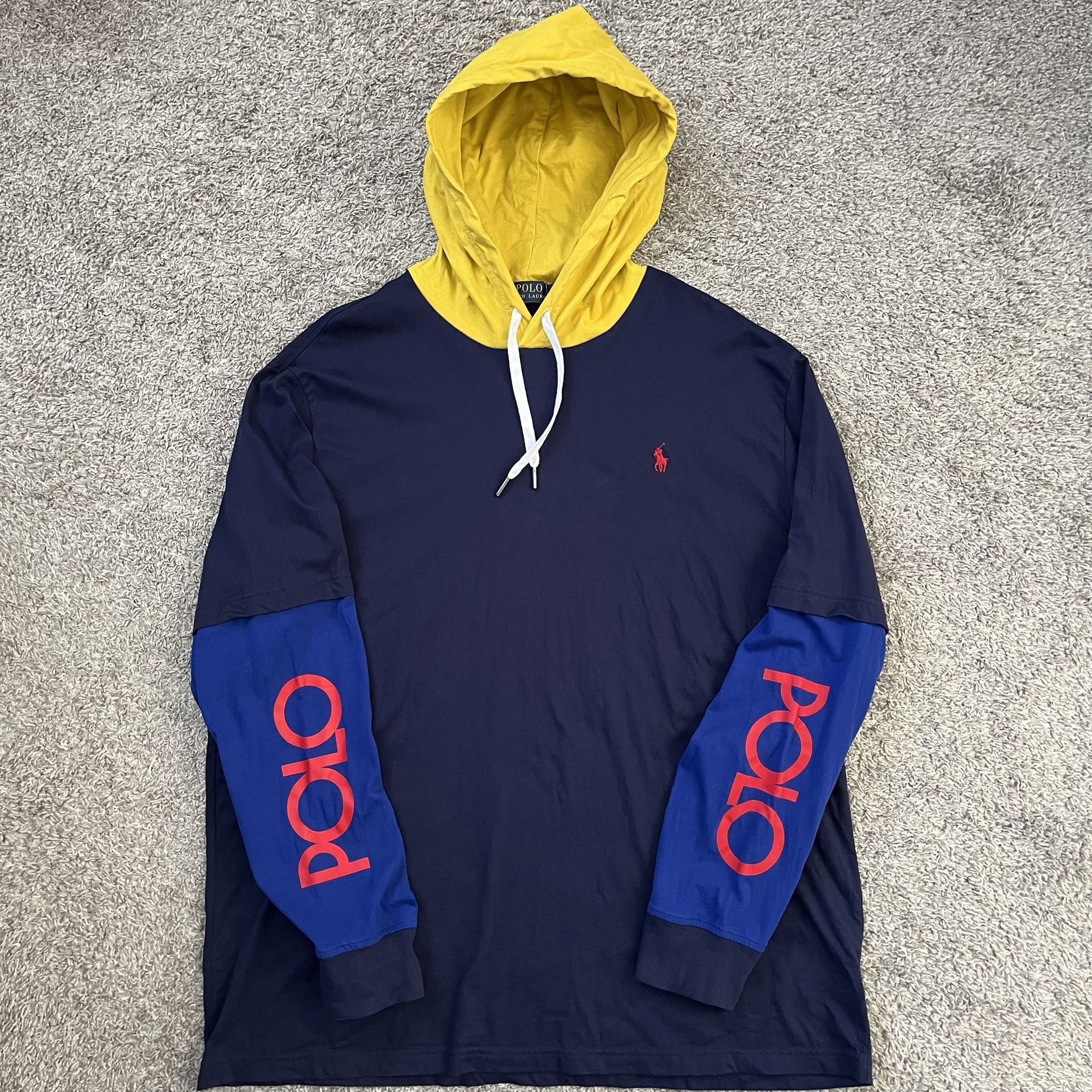 🔴Polo Ralph Lauren Longsleeves Shirt Size XL Hood Navy Yellow