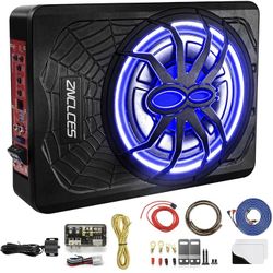 10" 1200W Slim Under Seat Powered Car Subwoofer, Car/Truck Sub Built in Amplifier for Outstanding Heat Dissipation, Powerful bass and Blue LED (Blue L