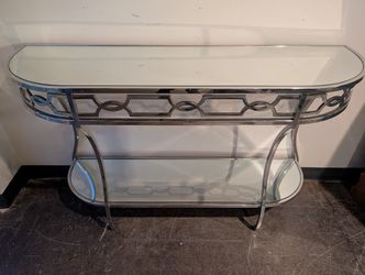 Art Deco Inspired Chrome and Glass Console Table with Mirrored Shelf