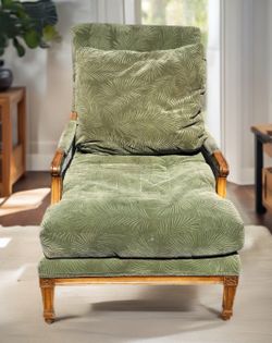 Wesley Hall Vintage Green Palm Leaf Velvet Lounge Chair with Carved Wood Frame