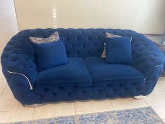 Blue velvet tufted sofa set