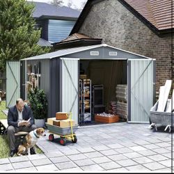 9×11 FT Outdoor Storage Shed: 3 Lockable Door Metal Utility Shed with Galvanized Steel Frame & 4 Ven