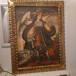 Vintage Hand Painting Of Michal Archangel With Golden Gilden Frame 