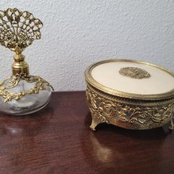 Vintage 24k Gold Plated Powder Box and Perfume Bottle