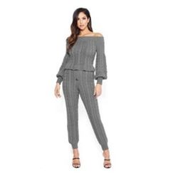 Cable Knit Gray 2 Pc Outfit Track Pants Off Shoulder Sweater