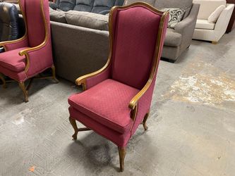 Red Diamond Patterned Wingback Chair w/ Carved Wood Frame