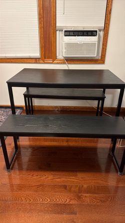 3-Piece Dining Set w/ 2 Benches – Black Wood & Metal