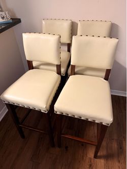 Set of 4 Cream Faux Leather Bar Stools with Nailhead Trim