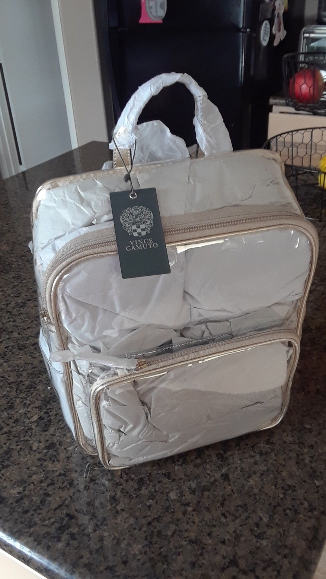 Vince Camuto clear & gold back pack