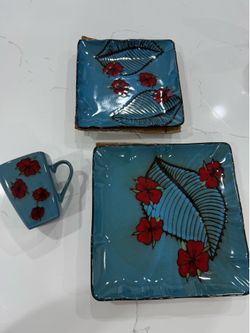 16pc Stoneware Tropical Bloom Square Dinnerware Set Red/Blue - Elama: Floral Pattern, Microwave & Dishwasher Safe, Service for 4 New Dishes