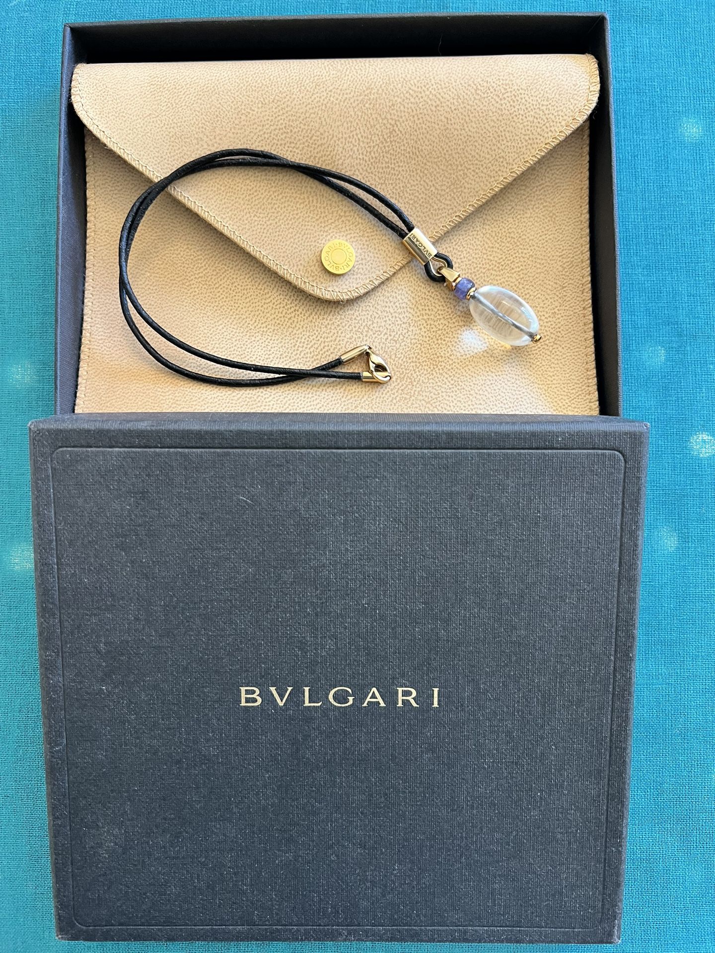 Genuine BVLGARI (Bulgari) Leather Cord Choker With Amethyst Pendant And Gold Accents