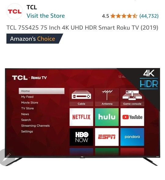 TCL 75S425 75 Inch 4K UHD HDR Smart Roku TV (2019)