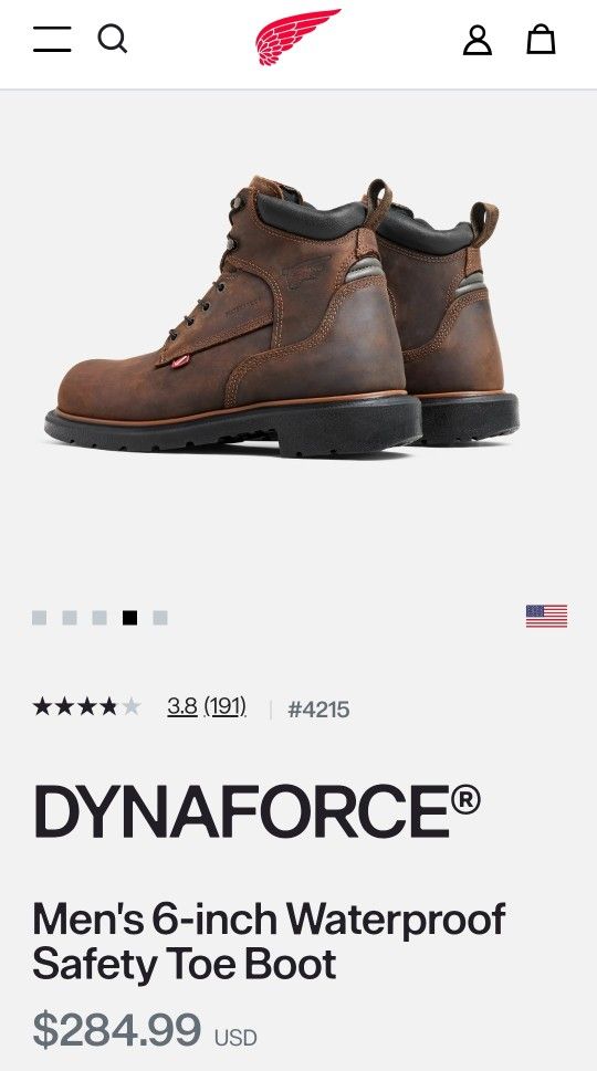 Red Wing Boots DynaForce #4215 Men's 6 inch Waterproof Safety Toe Boot Size: 10.5