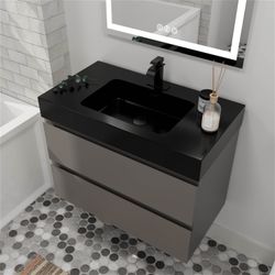 24"Bathroom Vanity with Sink,Storage Wall Mounted Floating Bathroom Vanity,One-Piece Black Sink Basin without Drain and Faucet [NEW] **Assembly Re