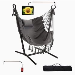 Hammock with Stand Phone Holder Included Double Hanging Chair Macrame Boho  Adjustable Swing Indoor Outdoor Patio Yard Garden Porch 400lbs Capacity 