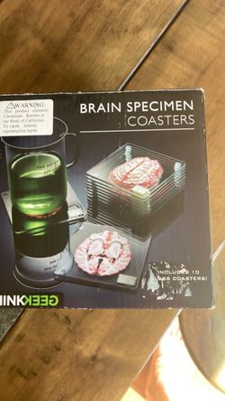 ThinkGeek Brain Specimen Coasters, which is a 10-piece novelty drink coaster set featuring anatomical brain slices.
