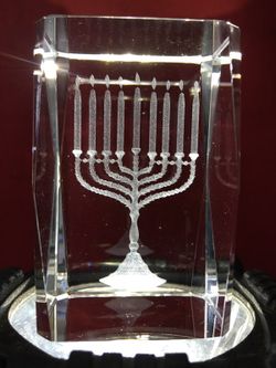 3D Laser Etched Crystal Glass Cube Menorah Hanukkah Judaism Paperweight