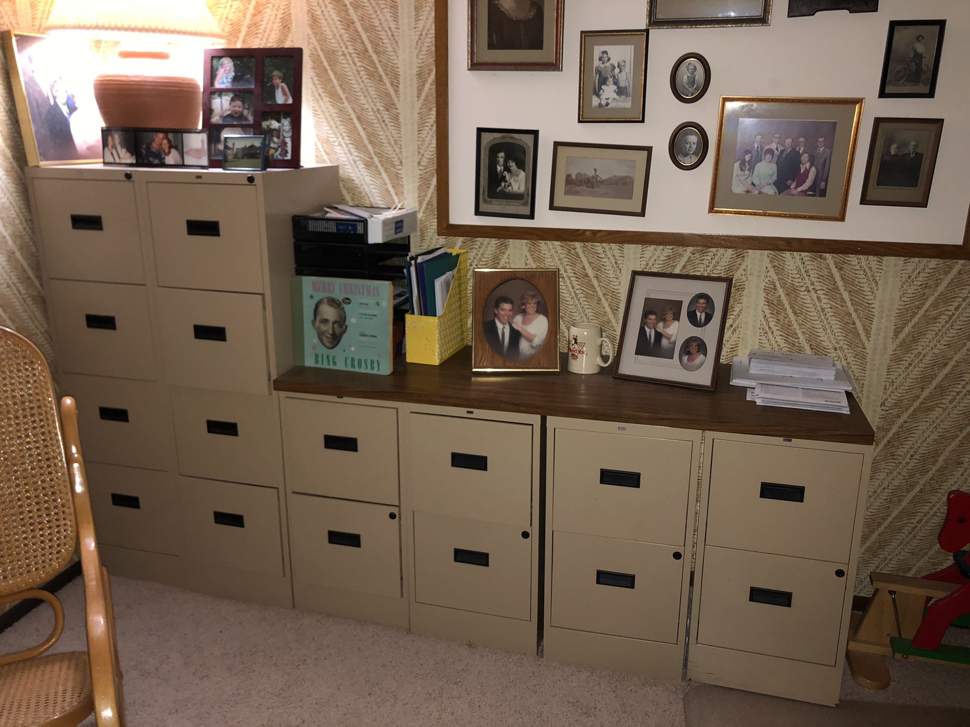 Filing cabinets and wooden shelf topper