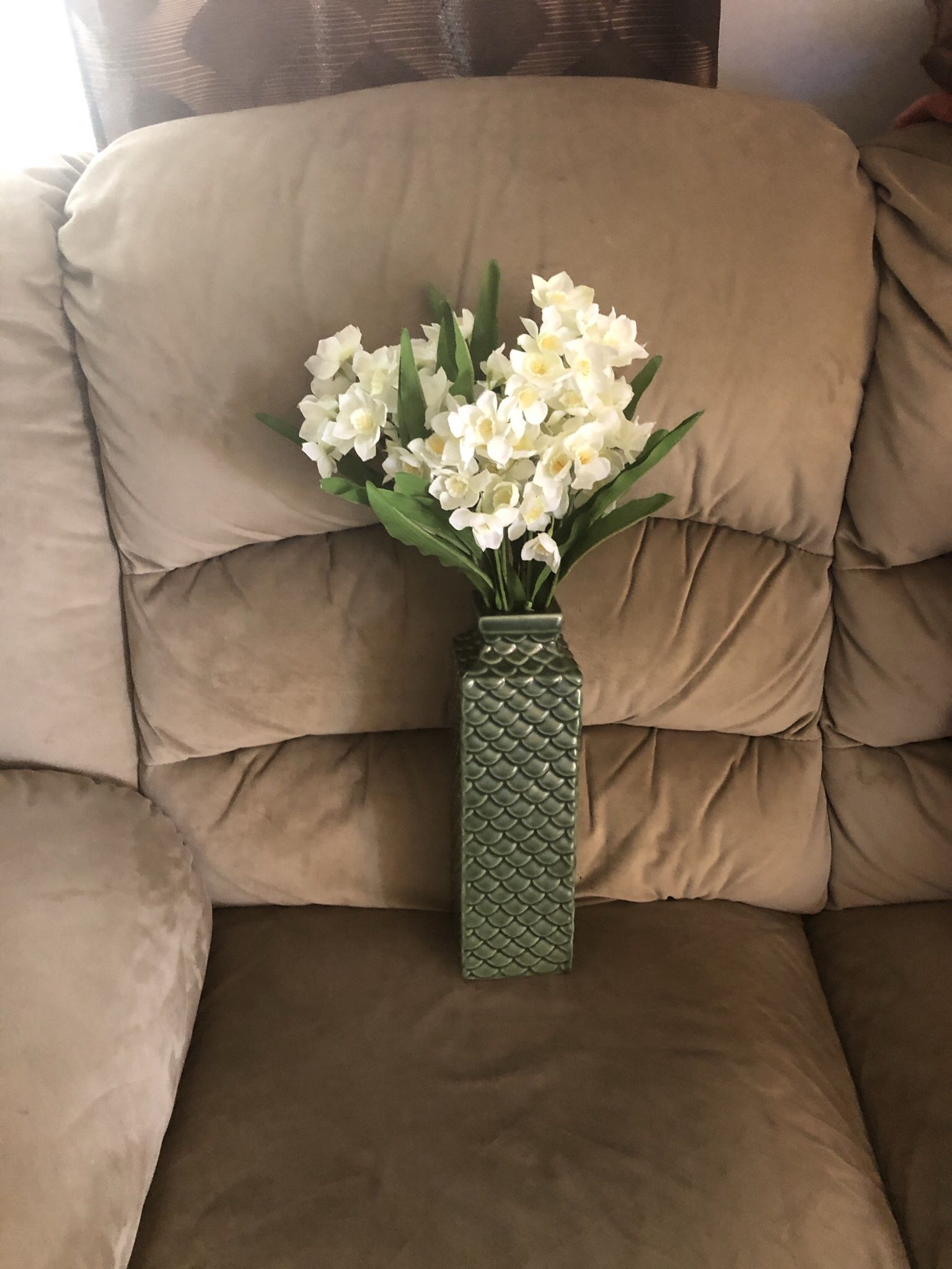 New Green Vase W/White Flowers