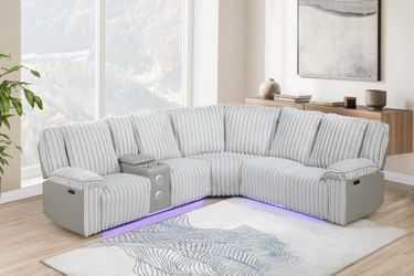Brand New Gray Plush Fabric 3 Pc Power Reclining Sectional with Speaker & Console