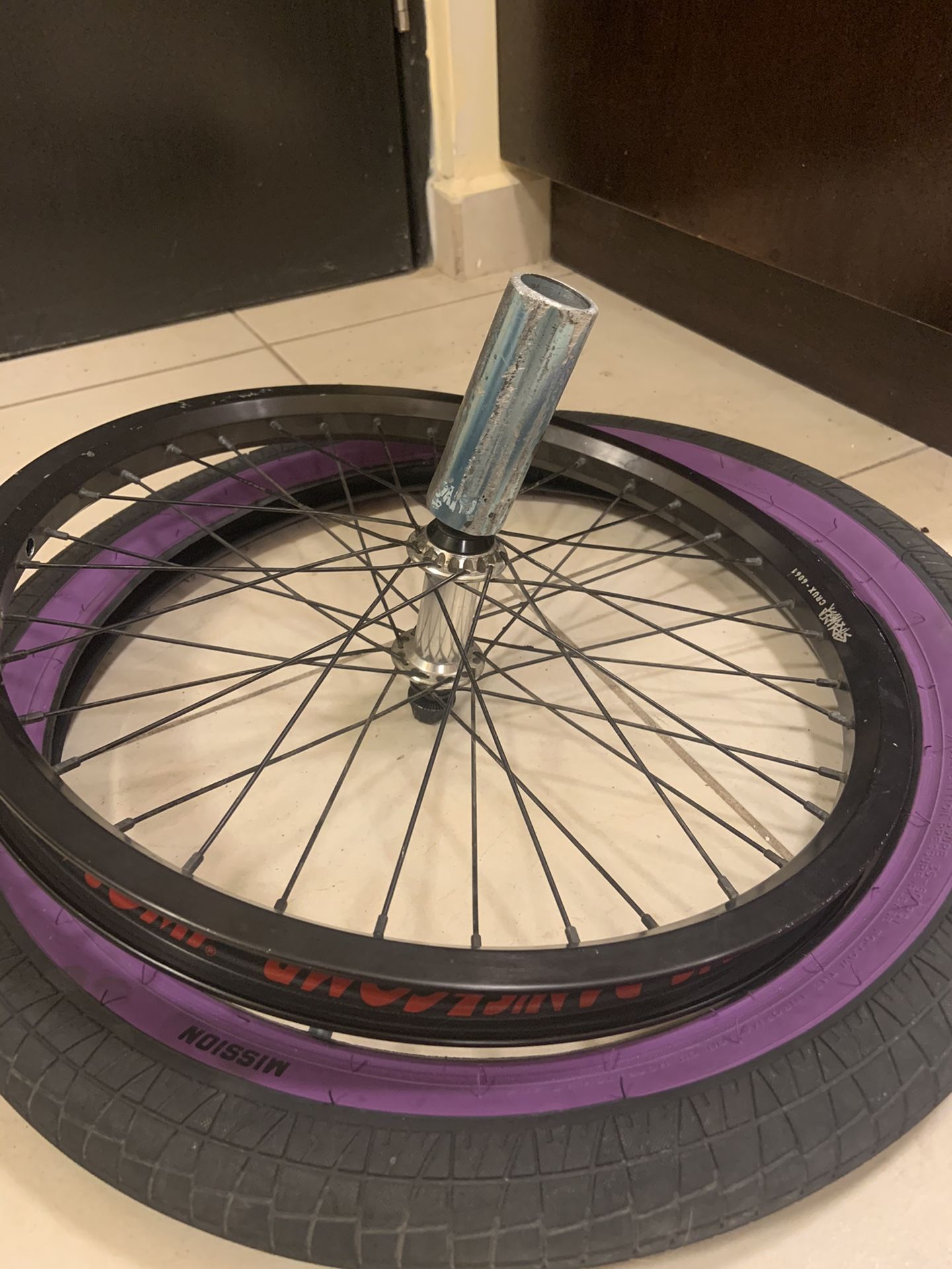 Bmx Front Rim And 2 Mission 2.4 Purple Wall Tires For Sale 