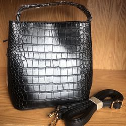 AOTA Elena Croc Top Handle Bucket Bag With Inside Divider and Detachable Crossbody Strap