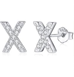 Silver Stud Dainty X Letter Earrings, 925 Sterling Silver, Cubic ZirconiaI Studs