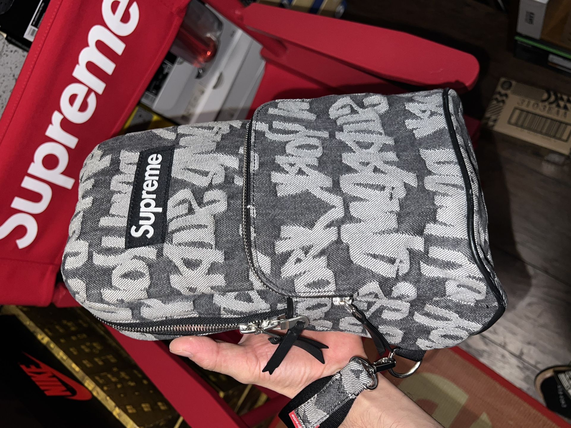 SUPREME JAQUARD DENIM SLING BAG BLACK
