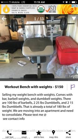 Weight Bench, barbells, dumb bells package deal