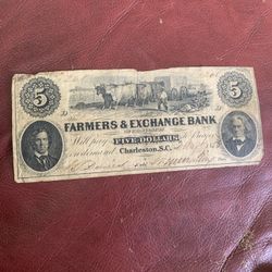 1853 $5 banknote Farmers & Exchange Bank of Charleston South Carolina Collector 