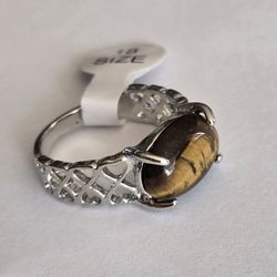 TIGER EYE POLISHED CABECHON NEW SIZE 8 STAINLESS STEEL FOREVER WEAR SILVER RING 