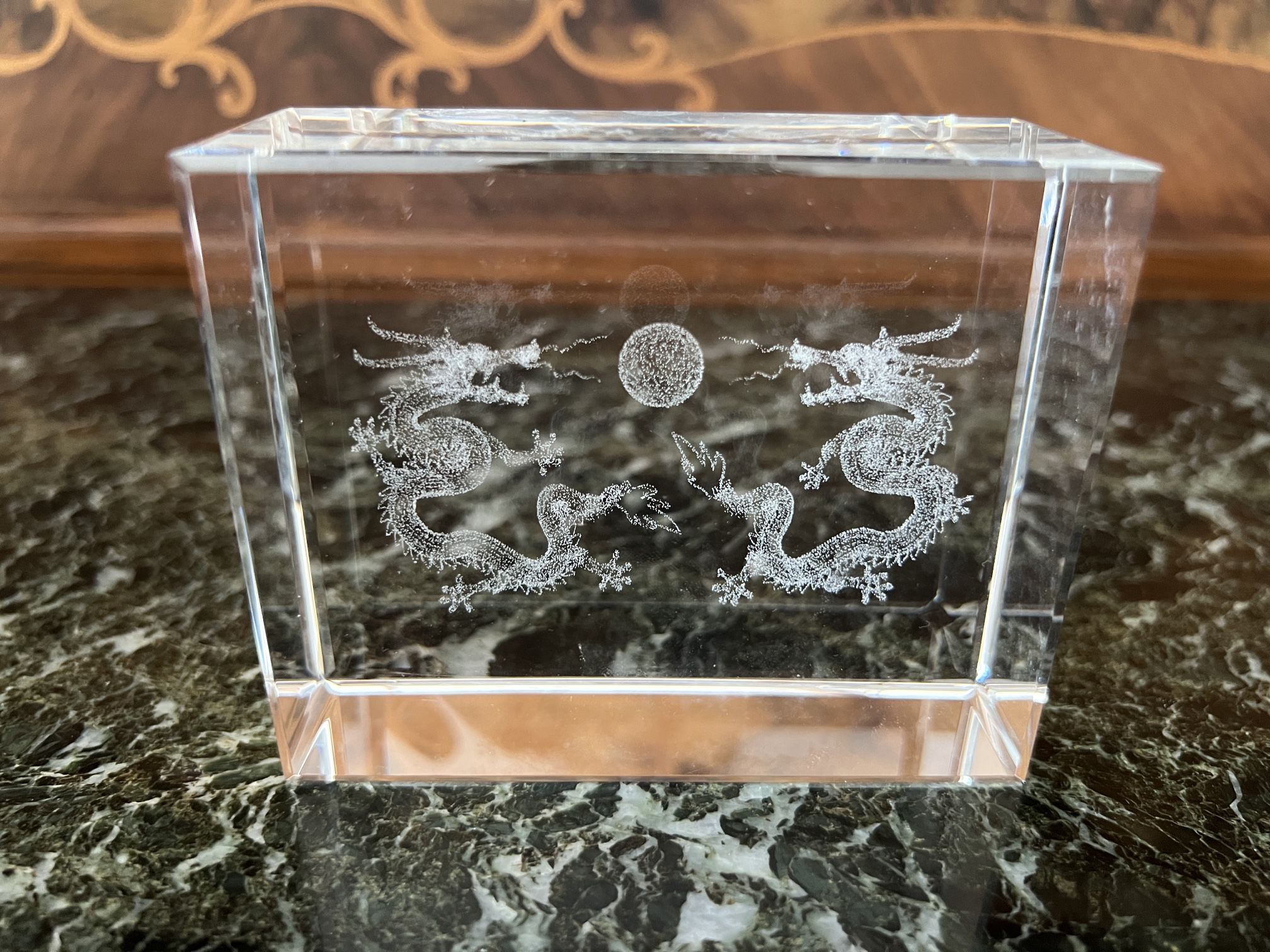 Glass Laser Etched Double Dragon Paperweight