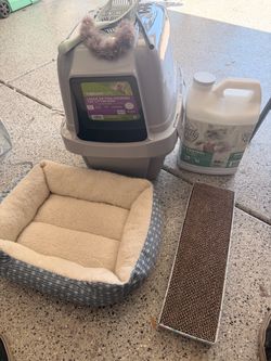 Cat litter box and bed with supplies