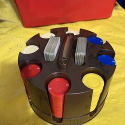 Vintage Poker Chip Caddie With Chips & 2 Full Decks Of Cards