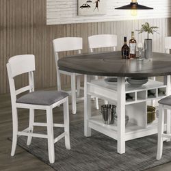 Counter Height White And Grey Round Dining Set Table Has Storage Shelves And Wine Rack Lazy Susan Brand New In Box Firm Price $899