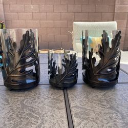 Set of 3 Brown/Bronze Metal Harvest Oak Leaves Fall Leaf & Glass Pillar Candle Holders
