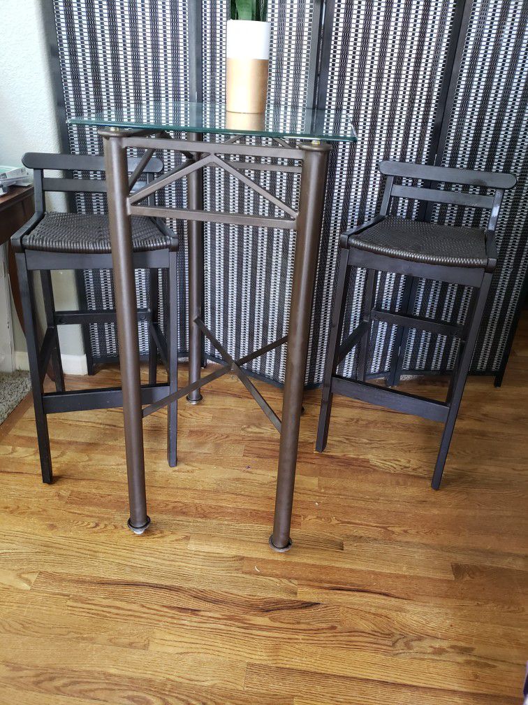 Metal Bar Hight Table Glass Top Height 22"×27"×42"h,  2 Chairs Seat 30"