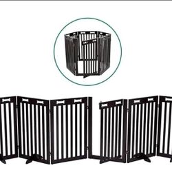 Freestanding Dog Gate with Door, 6 Panel 360° configurable Wooden Fence, 120" Wide, 31.5" Tall,