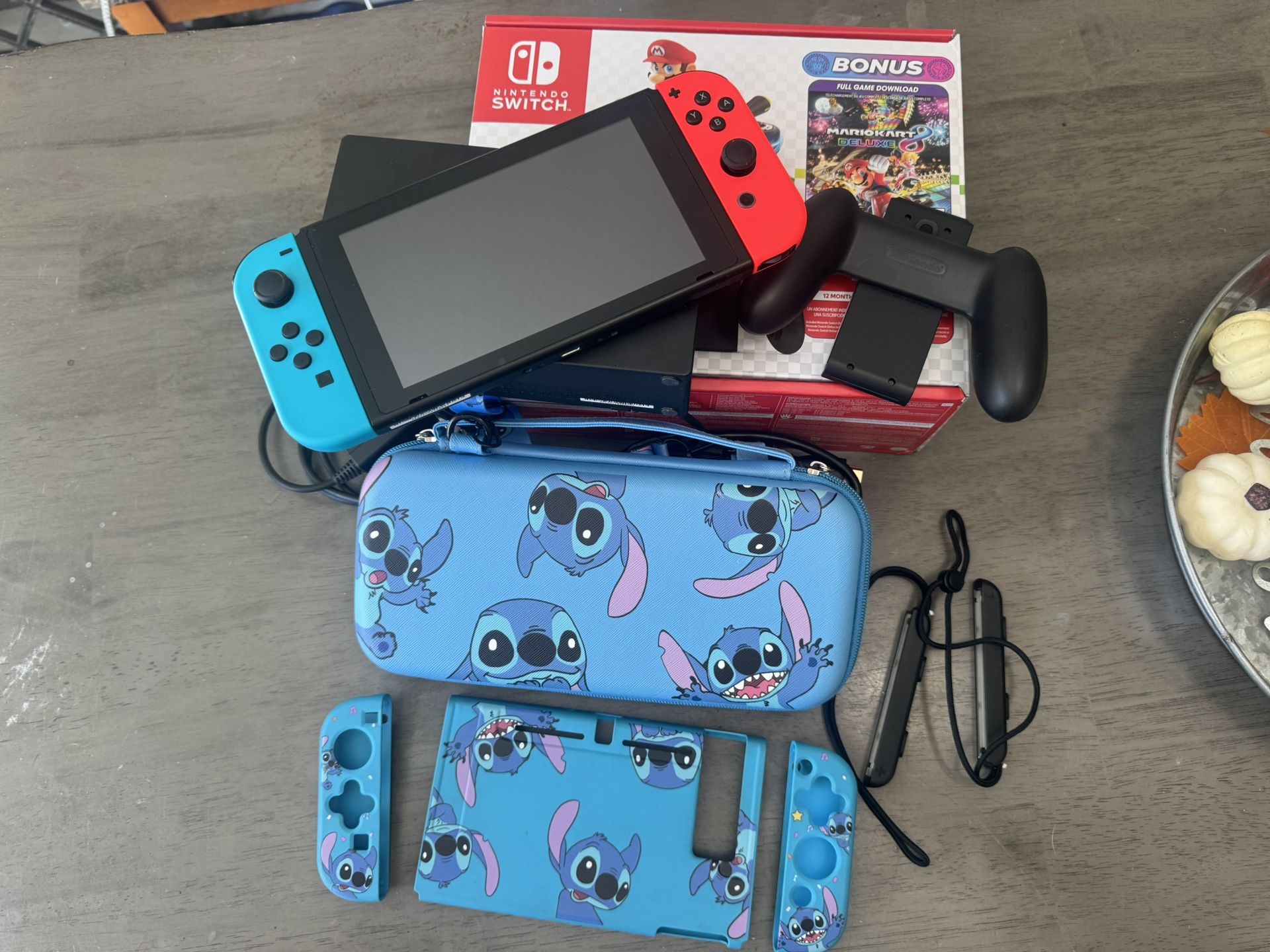 Nintendo Switch Mario Cart Bundle/Charging Dock And Stitch Accessories 