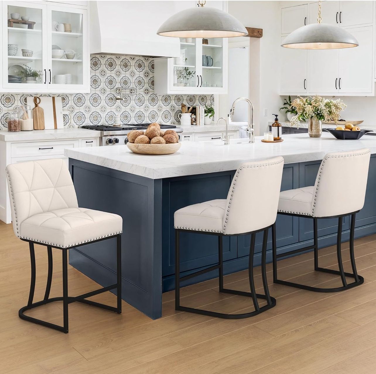 LUE BONA 24" Bar Stools Set of 3, Modern Counter Height Stools with 5.5" Thick Cushion and Nailhead, Upholstered Leather Barstools for Kitchen Island,