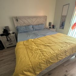 Bedroom Bed Frame With Mattress, Night Stand And Side Cabinets 